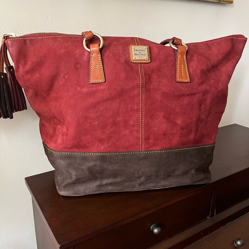 Dooney & Bourke Burgundy and Dark Brown Suede Tote Bag